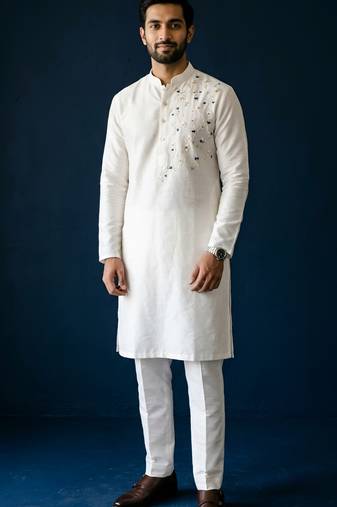 White embroidered dupion silk kurta set