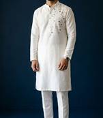 White embroidered dupion silk kurta set