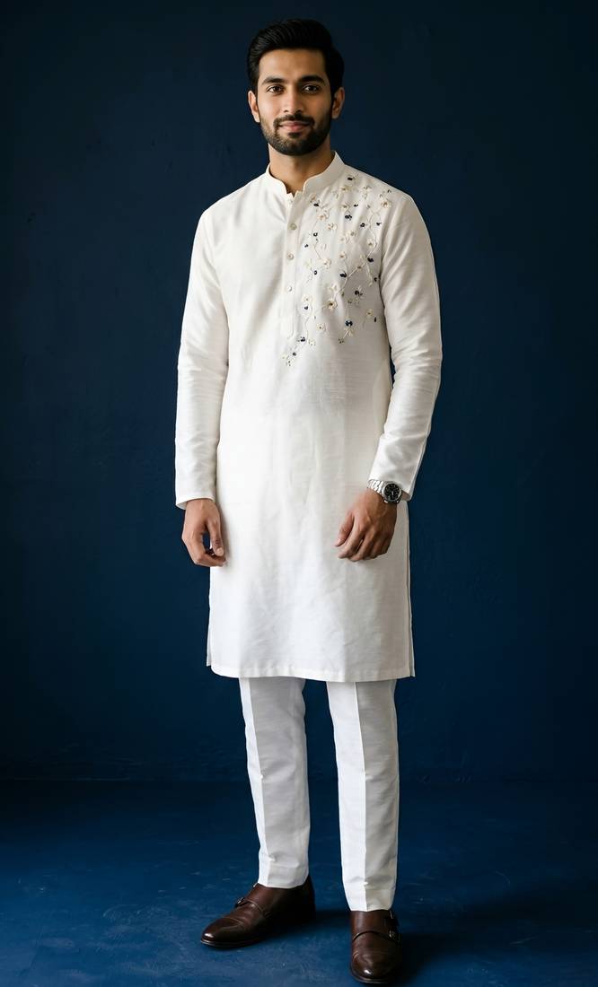 White embroidered dupion silk kurta set