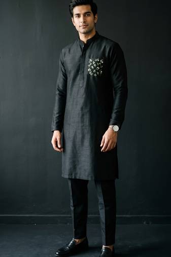 Black embroidered dupion silk kurta set