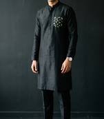 Black embroidered dupion silk kurta set
