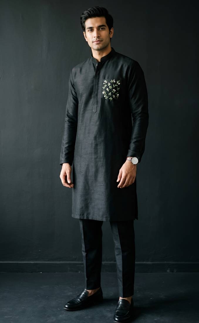 Black embroidered dupion silk kurta set