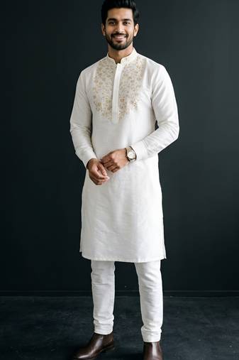 White embroidered dupion silk kurta set