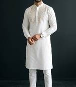 White embroidered dupion silk kurta set