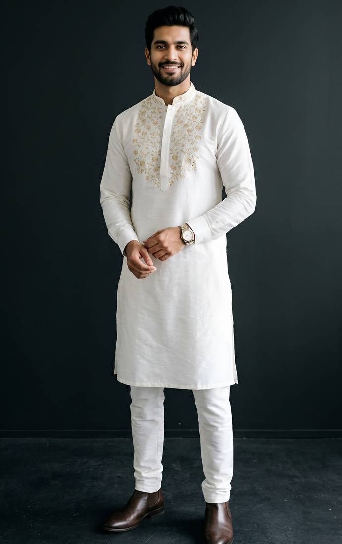 White embroidered dupion silk kurta set
