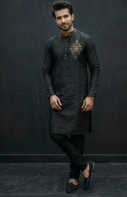 Black embroidered dupion silk kurta set 1