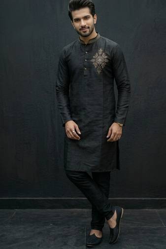 Black embroidered dupion silk kurta set