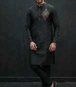 Black embroidered dupion silk kurta set