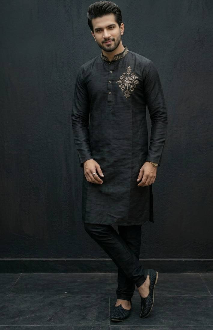 Black embroidered dupion silk kurta set