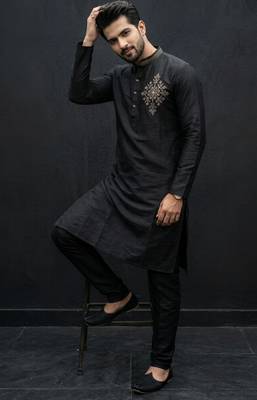 Black embroidered dupion silk kurta set 2
