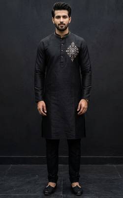 Black embroidered dupion silk kurta set 3