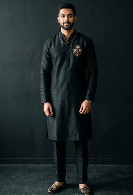 Black embroidered dupion silk kurta set 1