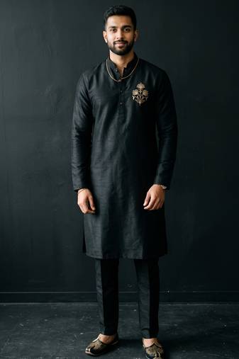 Black embroidered dupion silk kurta set