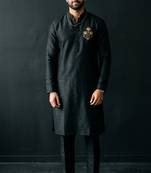 Black embroidered dupion silk kurta set