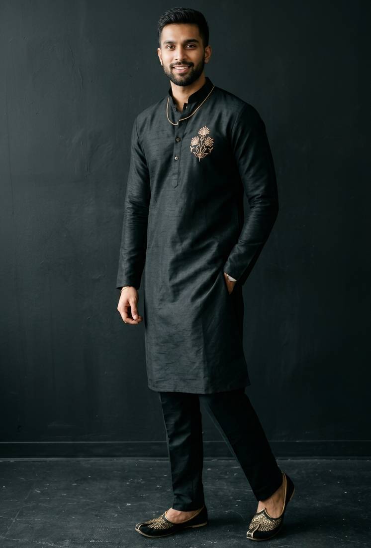 Black embroidered dupion silk kurta set