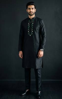 Black embroidered dupion silk kurta set 1