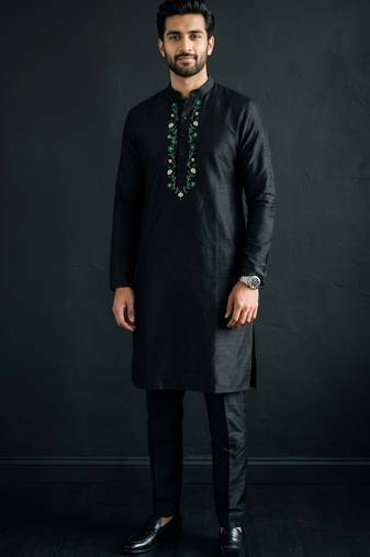 Black embroidered dupion silk kurta set