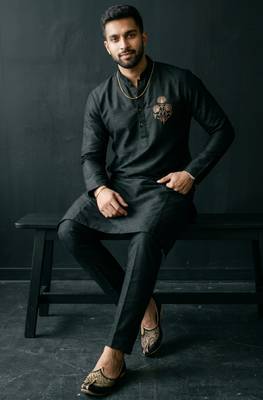 Black embroidered dupion silk kurta set 3