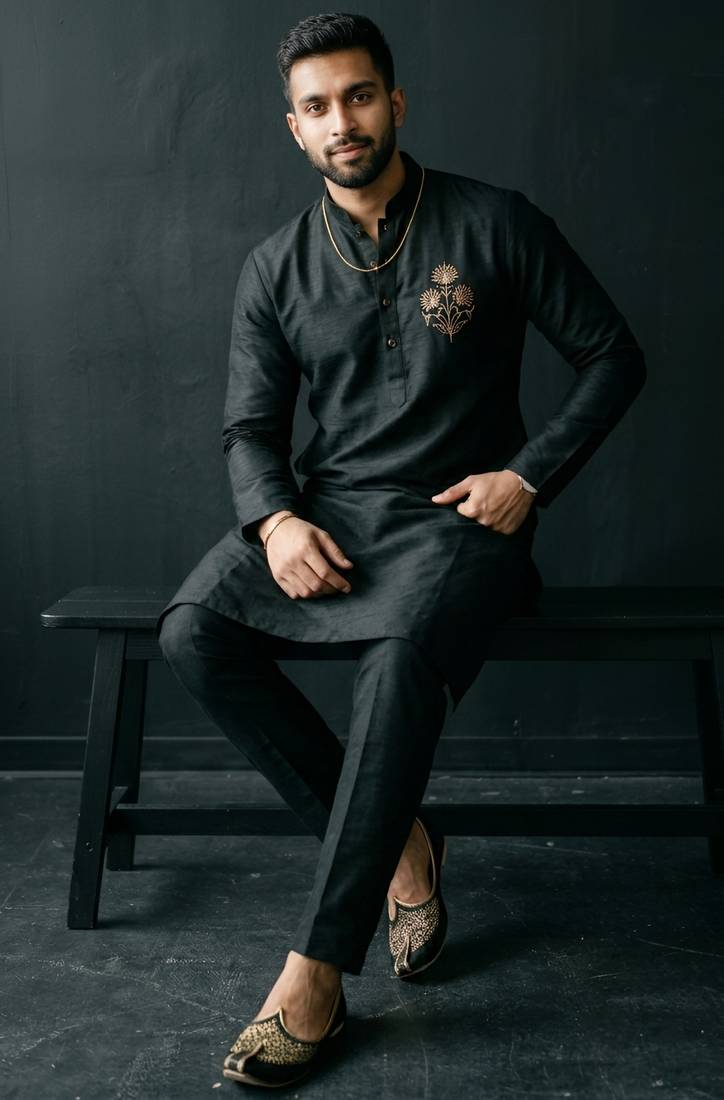 Black embroidered dupion silk kurta set