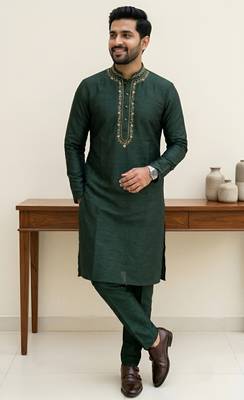 Black embroidered dupion silk kurta set 1