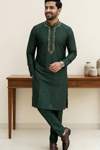 Black embroidered dupion silk kurta set