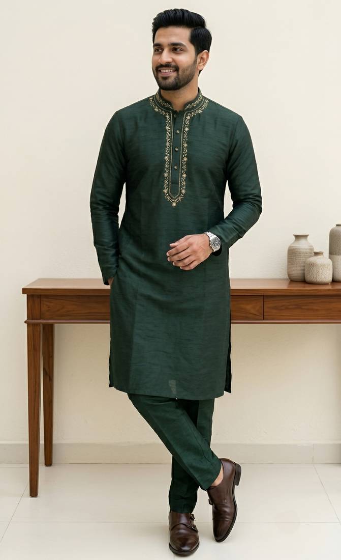 Black embroidered dupion silk kurta set