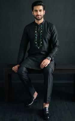 Black embroidered dupion silk kurta set 2