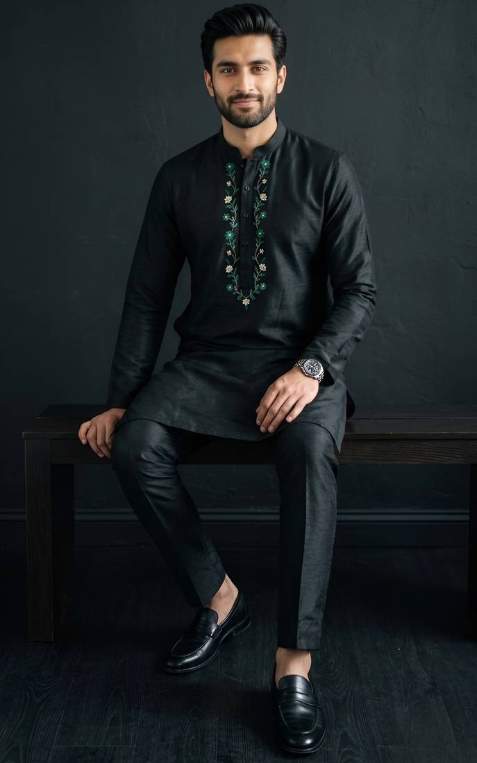Black embroidered dupion silk kurta set