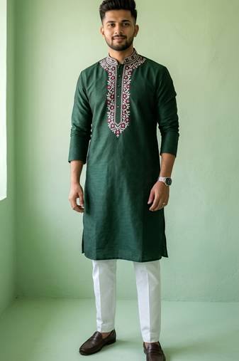 Green embroidered dupion silk kurta set
