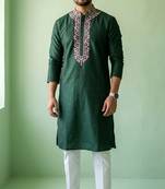 Green embroidered dupion silk kurta set