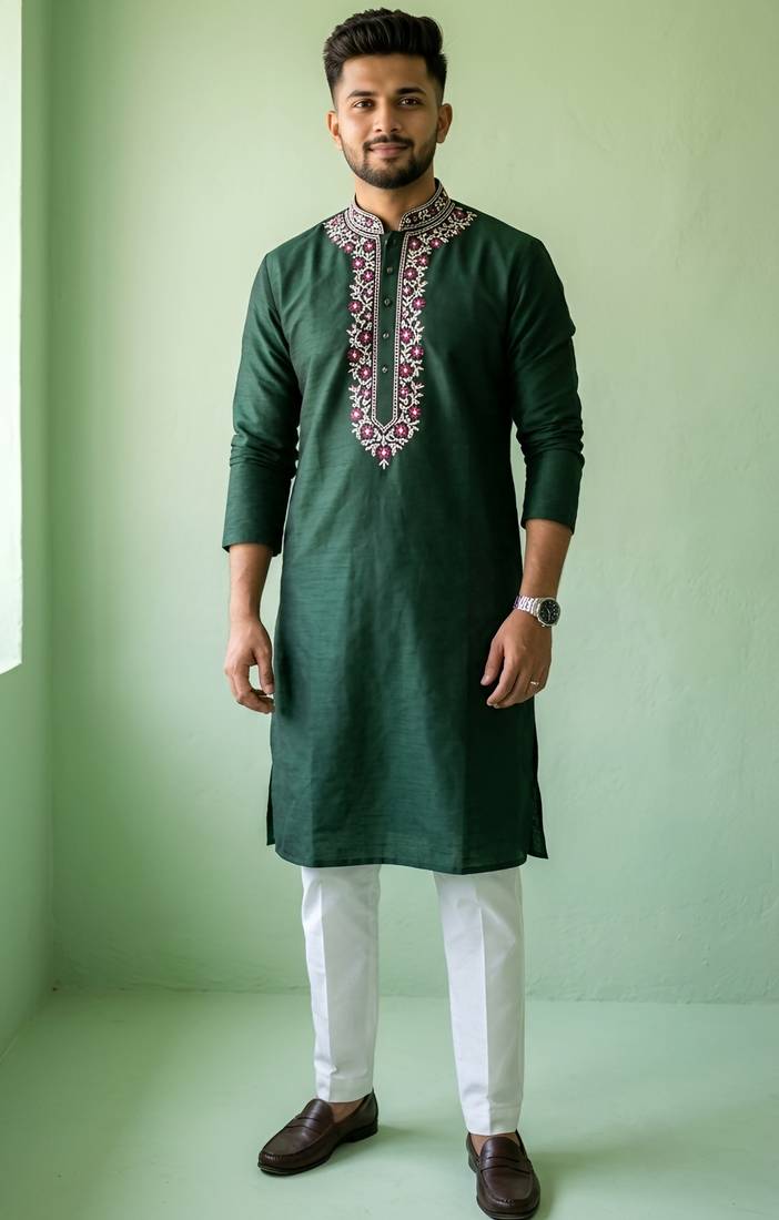 Green embroidered dupion silk kurta set