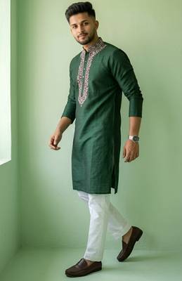 Green embroidered dupion silk kurta set 2