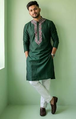 Green embroidered dupion silk kurta set 3