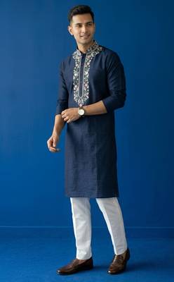 Navy embroidered dupion silk kurta set 1
