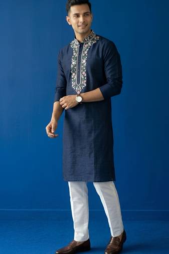 Navy embroidered dupion silk kurta set
