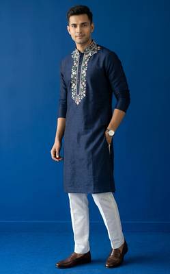 Navy embroidered dupion silk kurta set 2