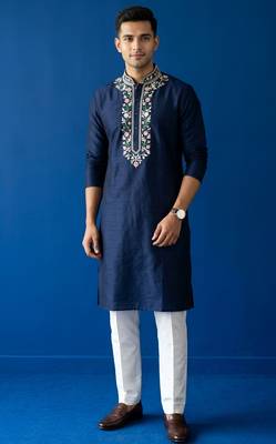 Navy embroidered dupion silk kurta set 3