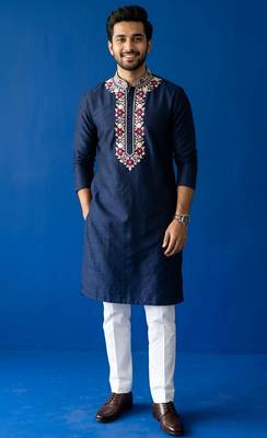 Navy embroidered dupion silk kurta set 1