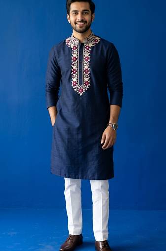 Navy embroidered dupion silk kurta set