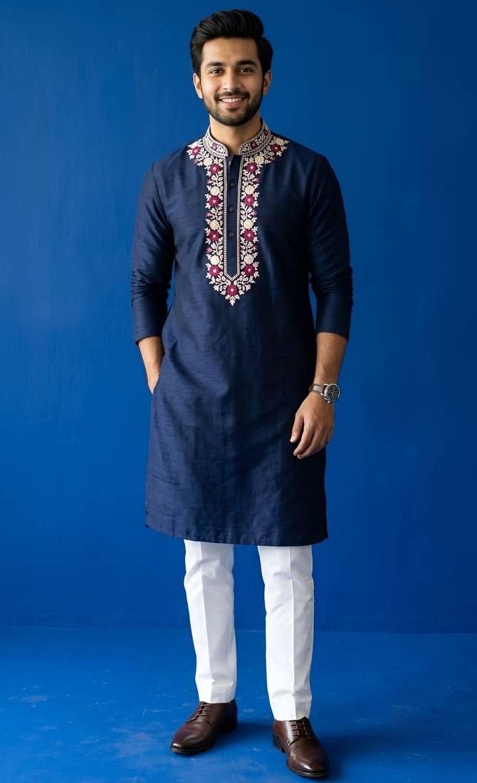 Navy embroidered dupion silk kurta set