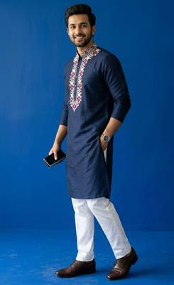 Navy embroidered dupion silk kurta set 2