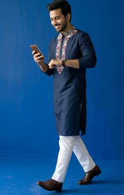 Navy embroidered dupion silk kurta set 3
