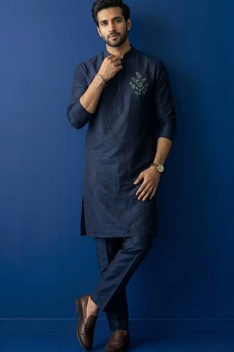 Navy embroidered dupion silk kurta set
