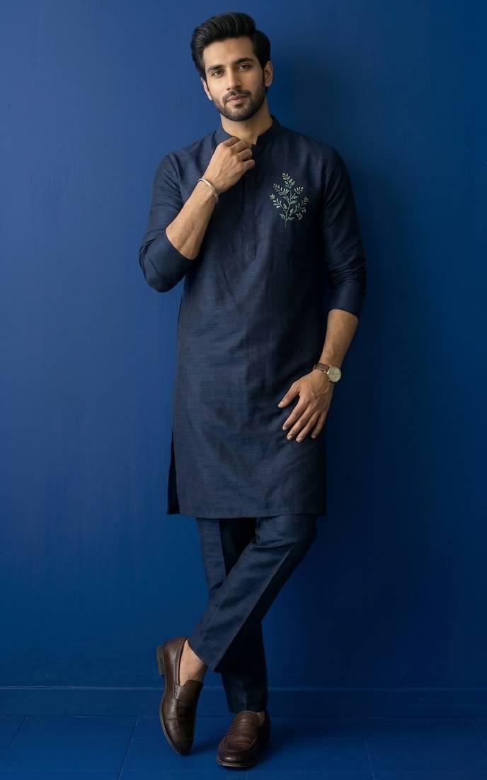 Navy embroidered dupion silk kurta set