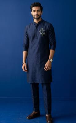 Navy embroidered dupion silk kurta set 2