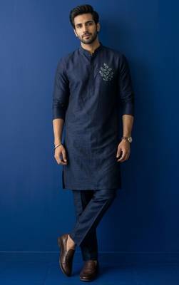 Navy embroidered dupion silk kurta set 3