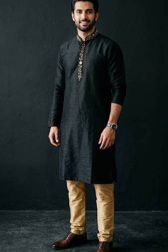 Black embroidered dupion silk kurta set