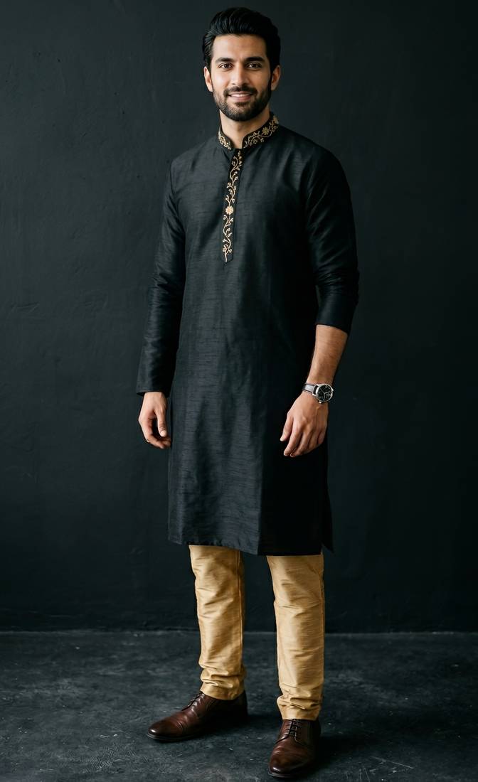 Black embroidered dupion silk kurta set