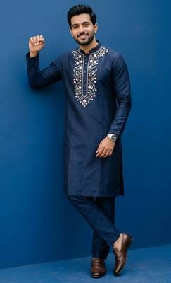Navy embroidered dupion silk kurta set 1