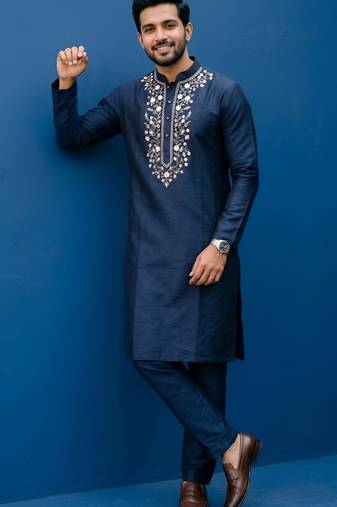 Navy embroidered dupion silk kurta set